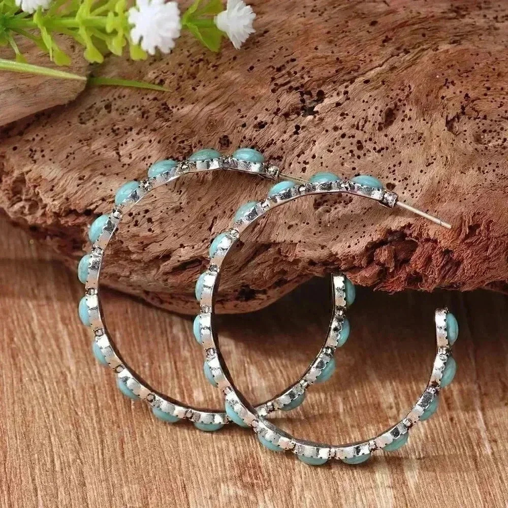 Multicolor Vacation Women's Turquoise Decor Open Hoop Earrings - Picture 2 of 2